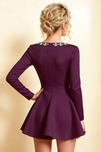 Aurora Grape Long Sleeve Square Neck Mini Dress with Rhinestones
