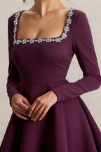 Aurora Grape Long Sleeve Square Neck Mini Dress with Rhinestones