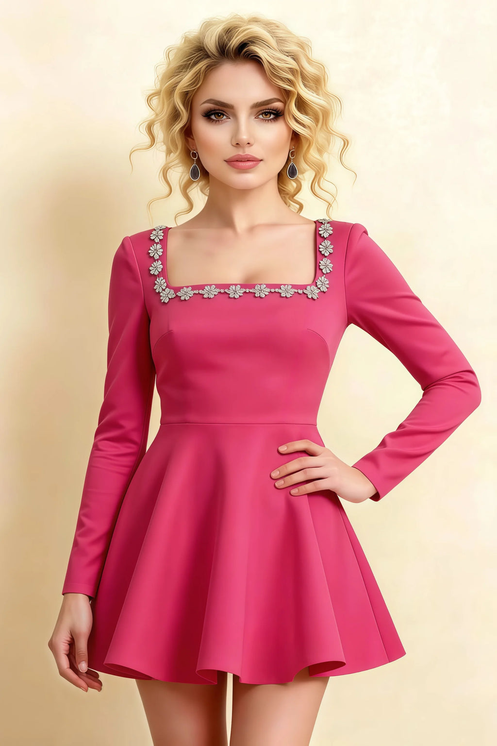 Aurora Hot Pink Long Sleeve Square Neck Mini Dress with Rhinestones