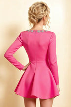 Aurora Hot Pink Long Sleeve Square Neck Mini Dress with Rhinestones