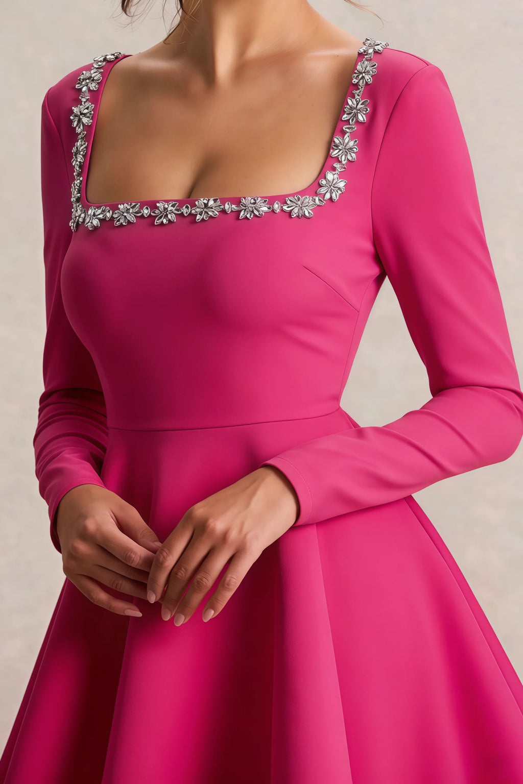 Aurora Hot Pink Long Sleeve Square Neck Mini Dress with Rhinestones