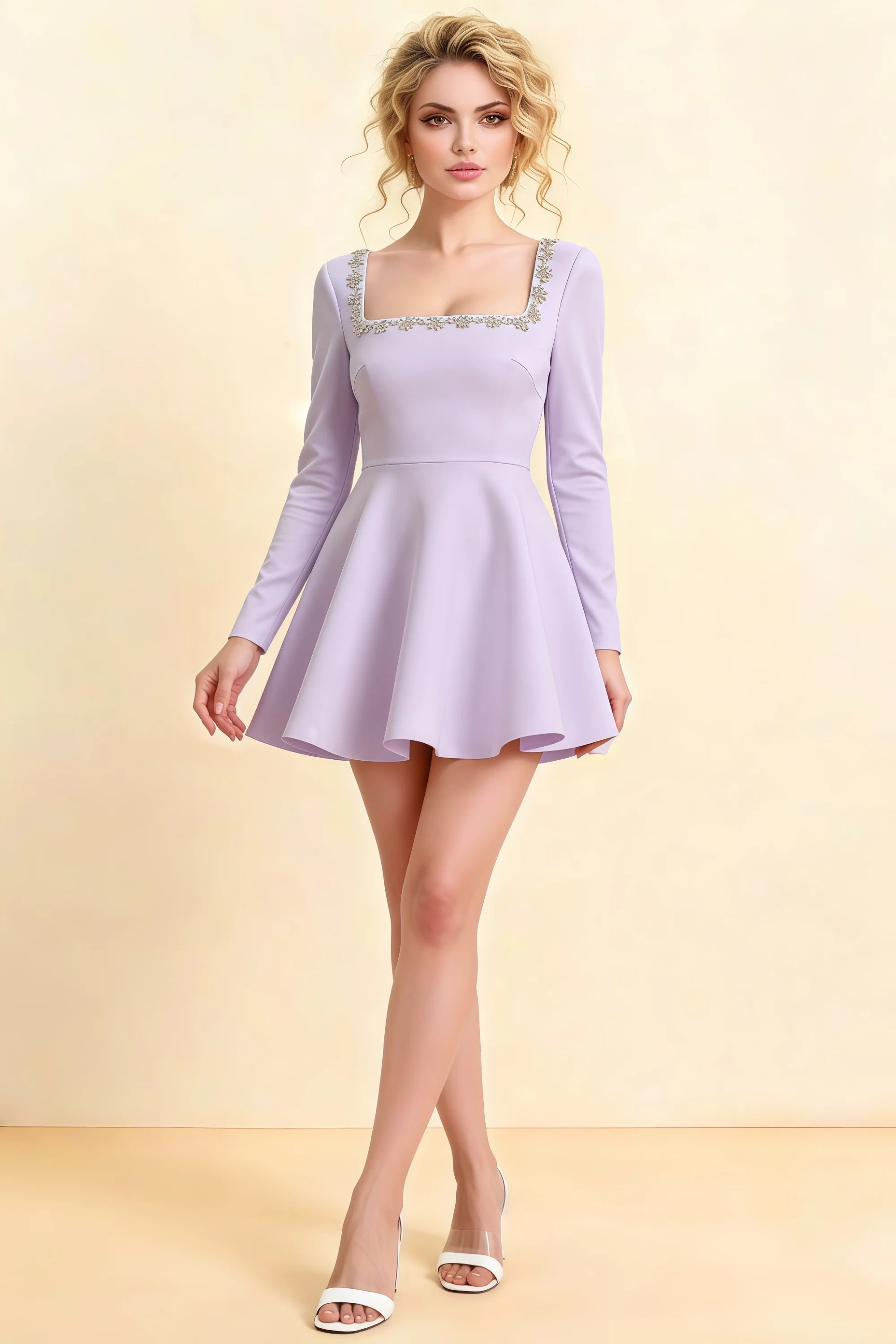 Aurora Lavender Long Sleeve Square Neck Mini Dress with Rhinestones Main image