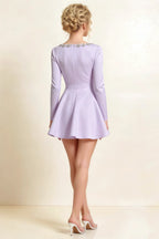 Aurora Lavender Long Sleeve Square Neck Mini Dress with Rhinestones