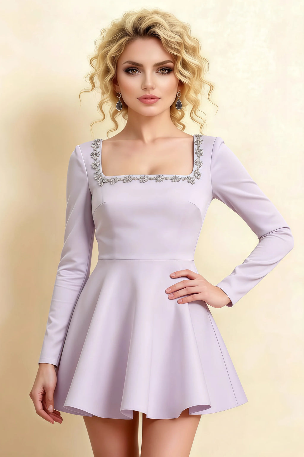 Aurora Lavender Long Sleeve Square Neck Mini Dress with Rhinestones