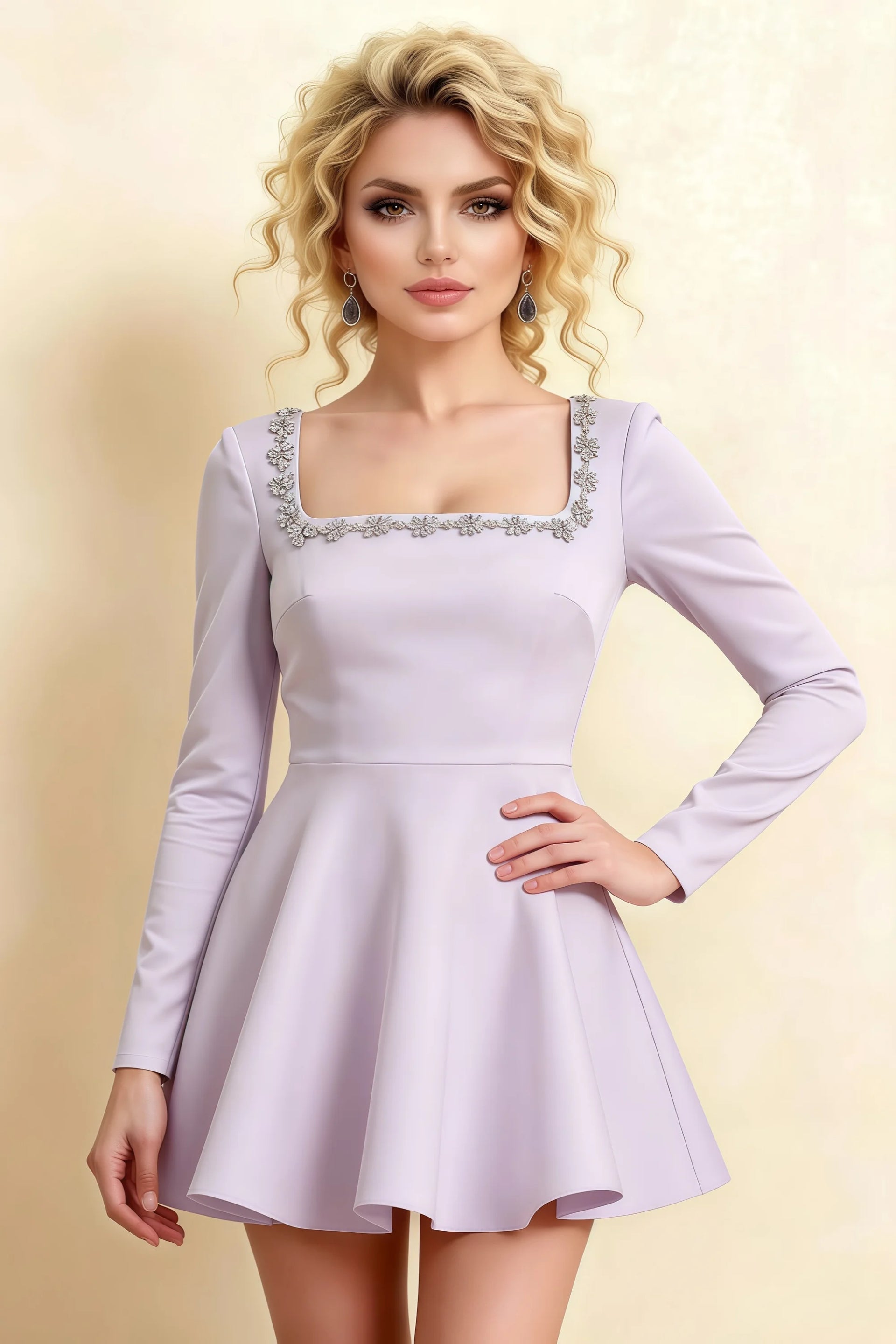 Aurora Lavender Long Sleeve Square Neck Mini Dress with Rhinestones