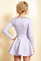 Aurora Lavender Long Sleeve Square Neck Mini Dress with Rhinestones