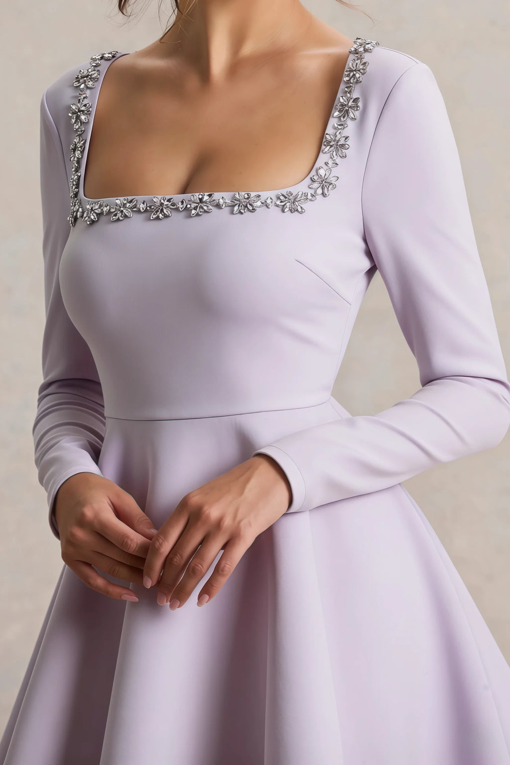 Aurora Lavender Long Sleeve Square Neck Mini Dress with Rhinestones