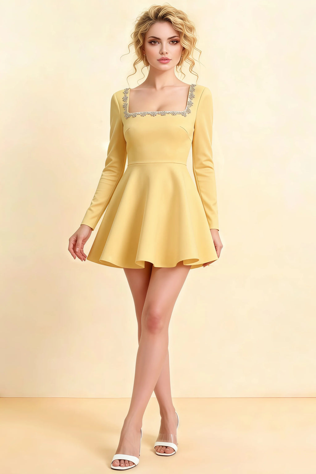 Aurora Lemon Long Sleeve Square Neck Mini Dress with Rhinestones