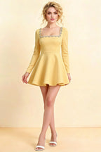 Aurora Lemon Long Sleeve Square Neck Mini Dress with Rhinestones