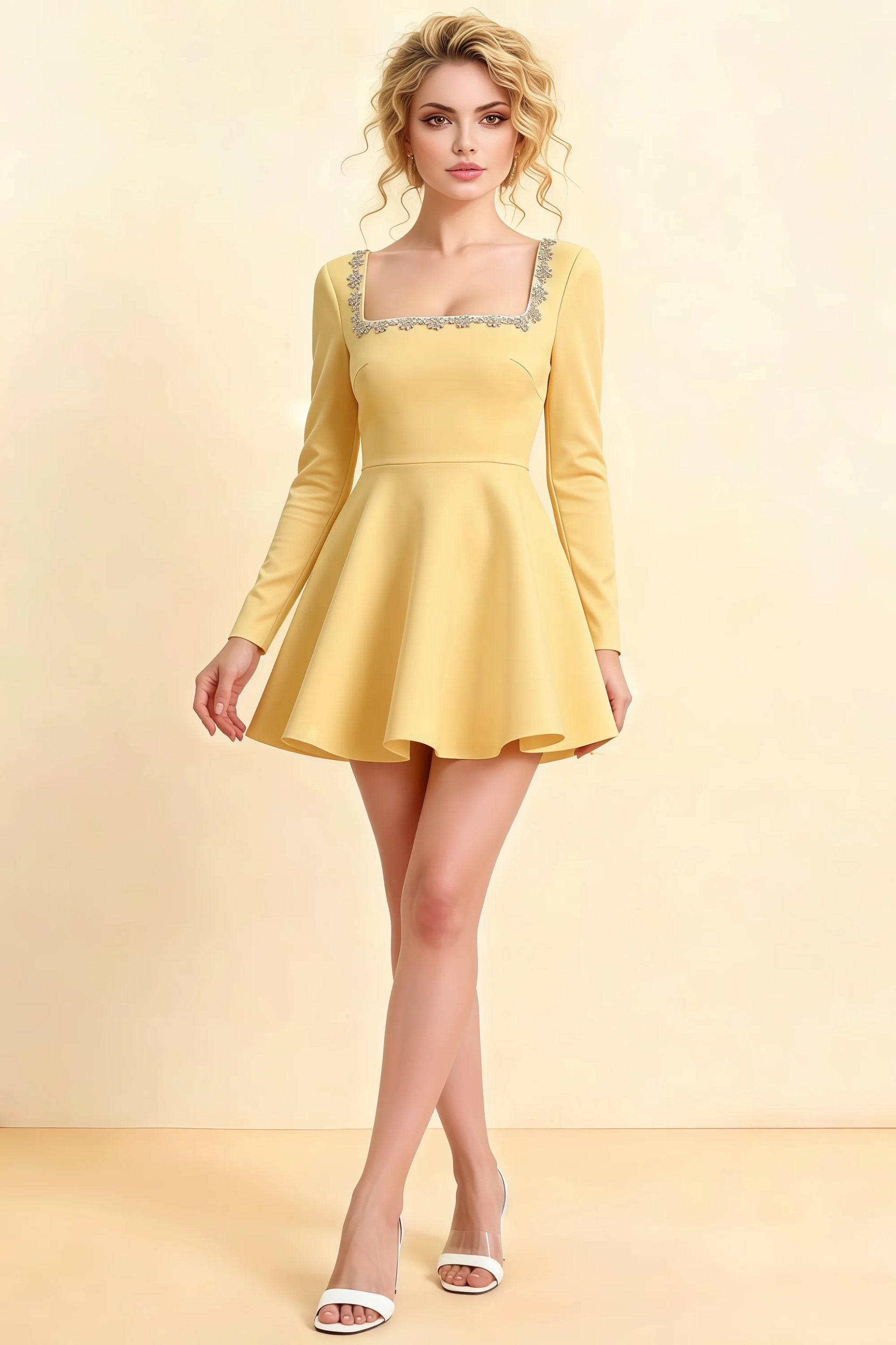 Aurora Lemon Long Sleeve Square Neck Mini Dress with Rhinestones