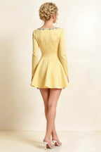 Aurora Lemon Long Sleeve Square Neck Mini Dress with Rhinestones