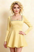 Aurora Lemon Long Sleeve Square Neck Mini Dress with Rhinestones