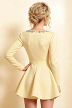 Aurora Lemon Long Sleeve Square Neck Mini Dress with Rhinestones