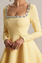 Aurora Lemon Long Sleeve Square Neck Mini Dress with Rhinestones