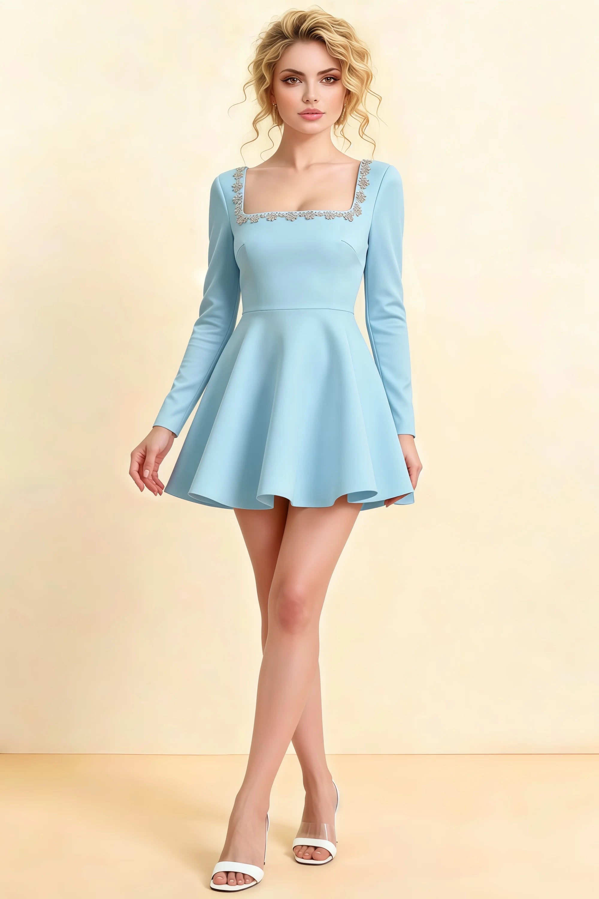 Aurora Light Blue Long Sleeve Square Neck Mini Dress with Rhinestones Main image