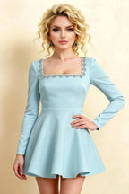 Aurora Light Blue Long Sleeve Square Neck Mini Dress with Rhinestones