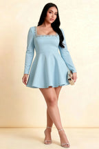 Aurora Light Blue Long Sleeve Square Neck Mini Dress with Rhinestones