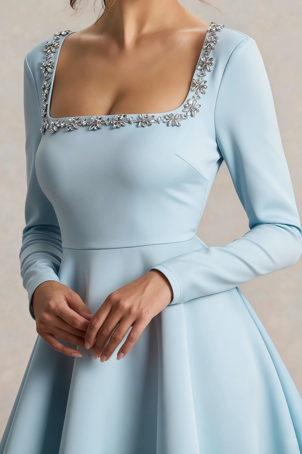 Aurora Light Blue Long Sleeve Square Neck Mini Dress with Rhinestones