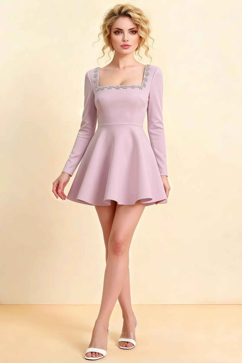 Aurora Lilac Long Sleeve Square Neck Mini Dress with Rhinestones