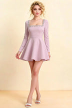 Aurora Lilac Long Sleeve Square Neck Mini Dress with Rhinestones