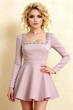Aurora Lilac Long Sleeve Square Neck Mini Dress with Rhinestones