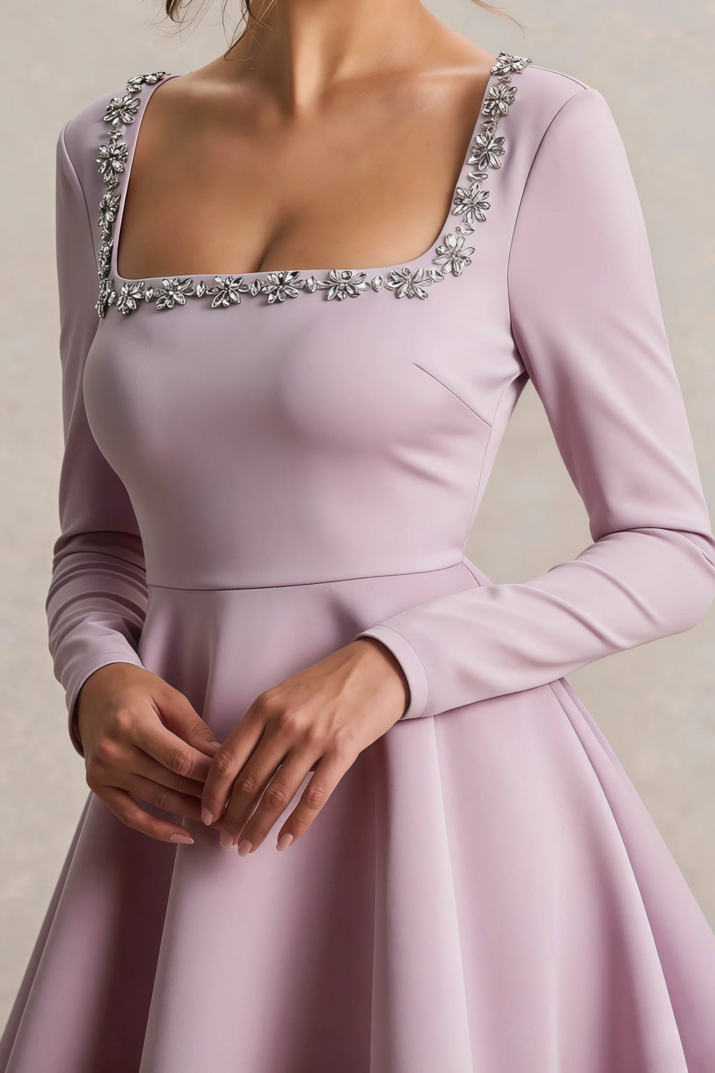 Aurora Lilac Long Sleeve Square Neck Mini Dress with Rhinestones