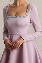 Aurora Lilac Long Sleeve Square Neck Mini Dress with Rhinestones