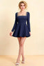 Aurora Navy Long Sleeve Square Neck Mini Dress with Rhinestones