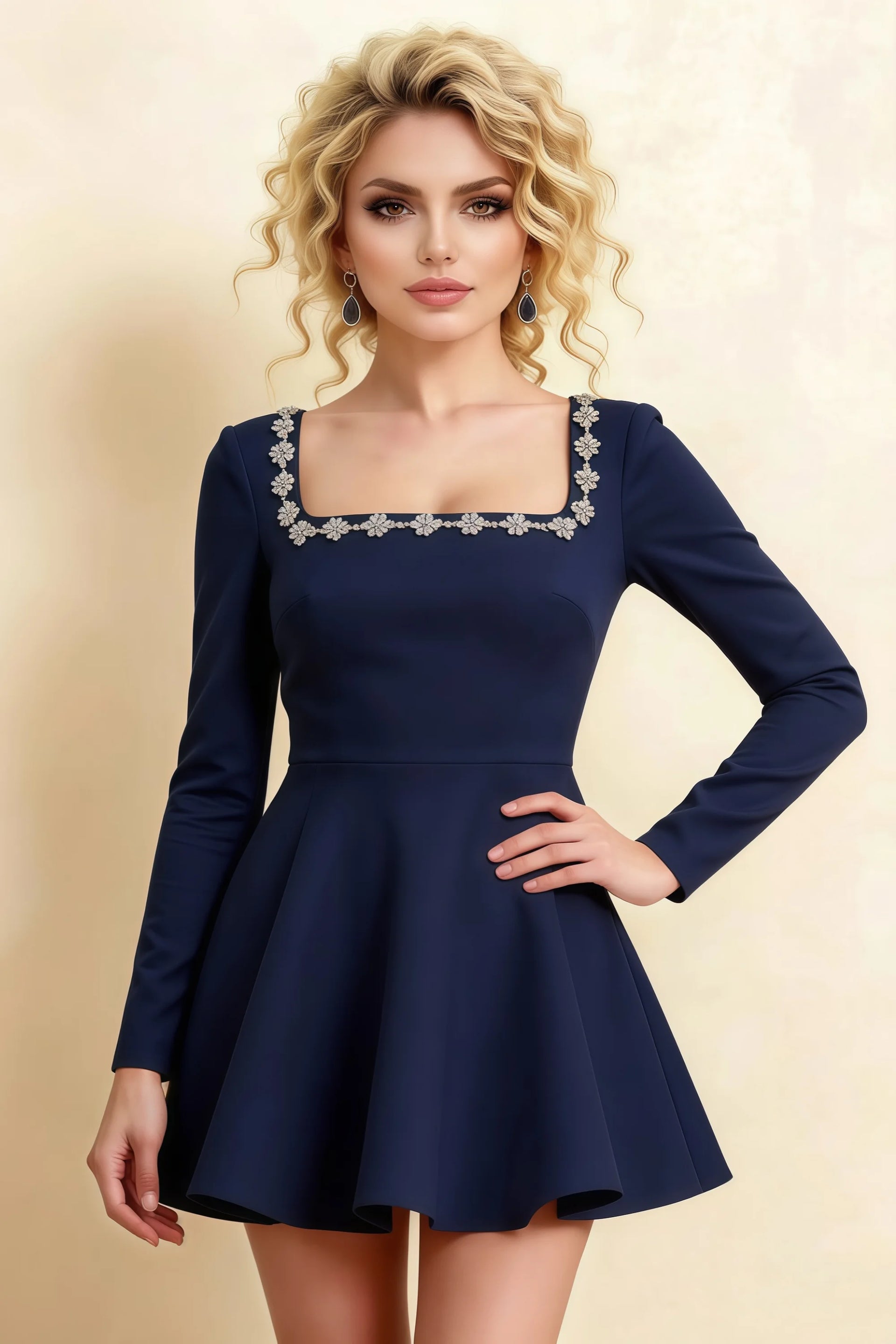 Aurora Navy Long Sleeve Square Neck Mini Dress with Rhinestones
