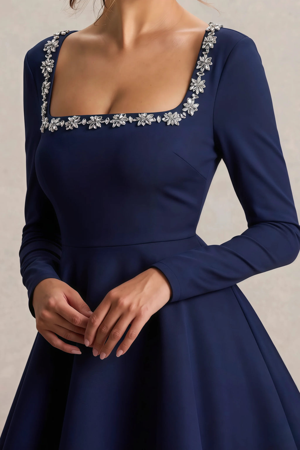 Aurora Navy Long Sleeve Square Neck Mini Dress with Rhinestones