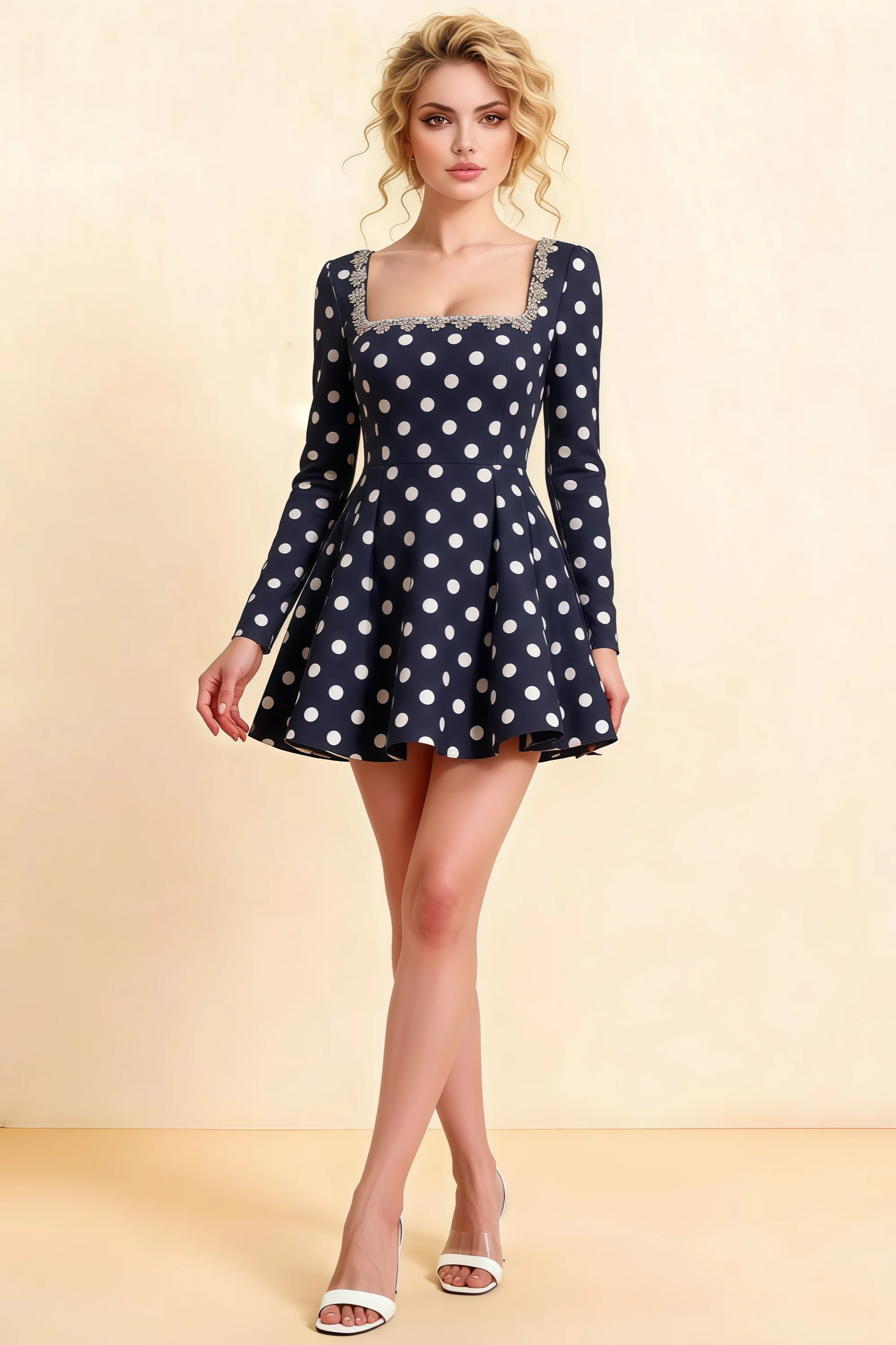 Aurora Navy Polka Dot Long Sleeve Square Neck Mini Dress with Rhinestones