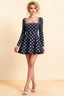 Aurora Navy Polka Dot Long Sleeve Square Neck Mini Dress with Rhinestones