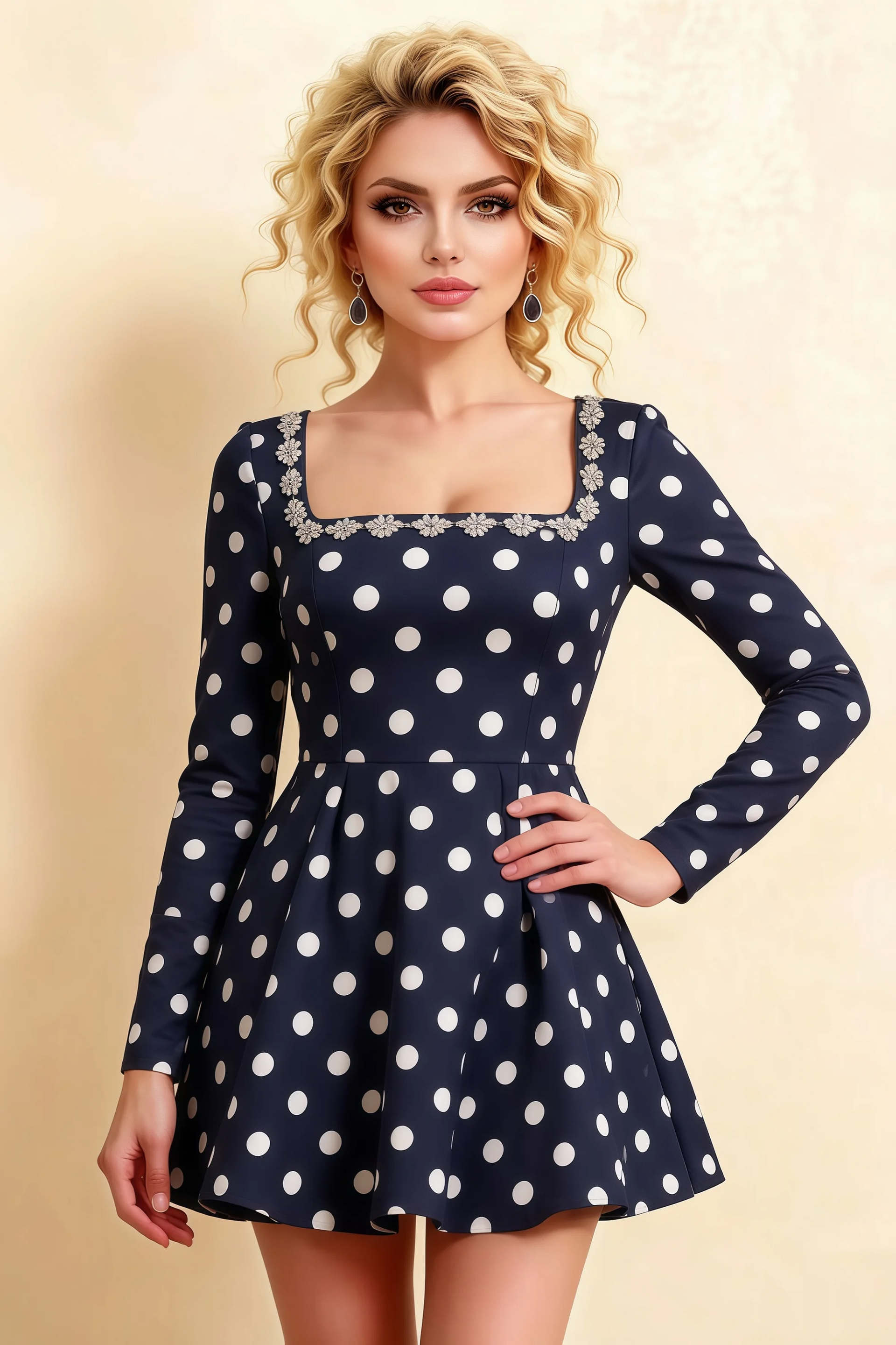 Aurora Navy Polka Dot Long Sleeve Square Neck Mini Dress with Rhinestones