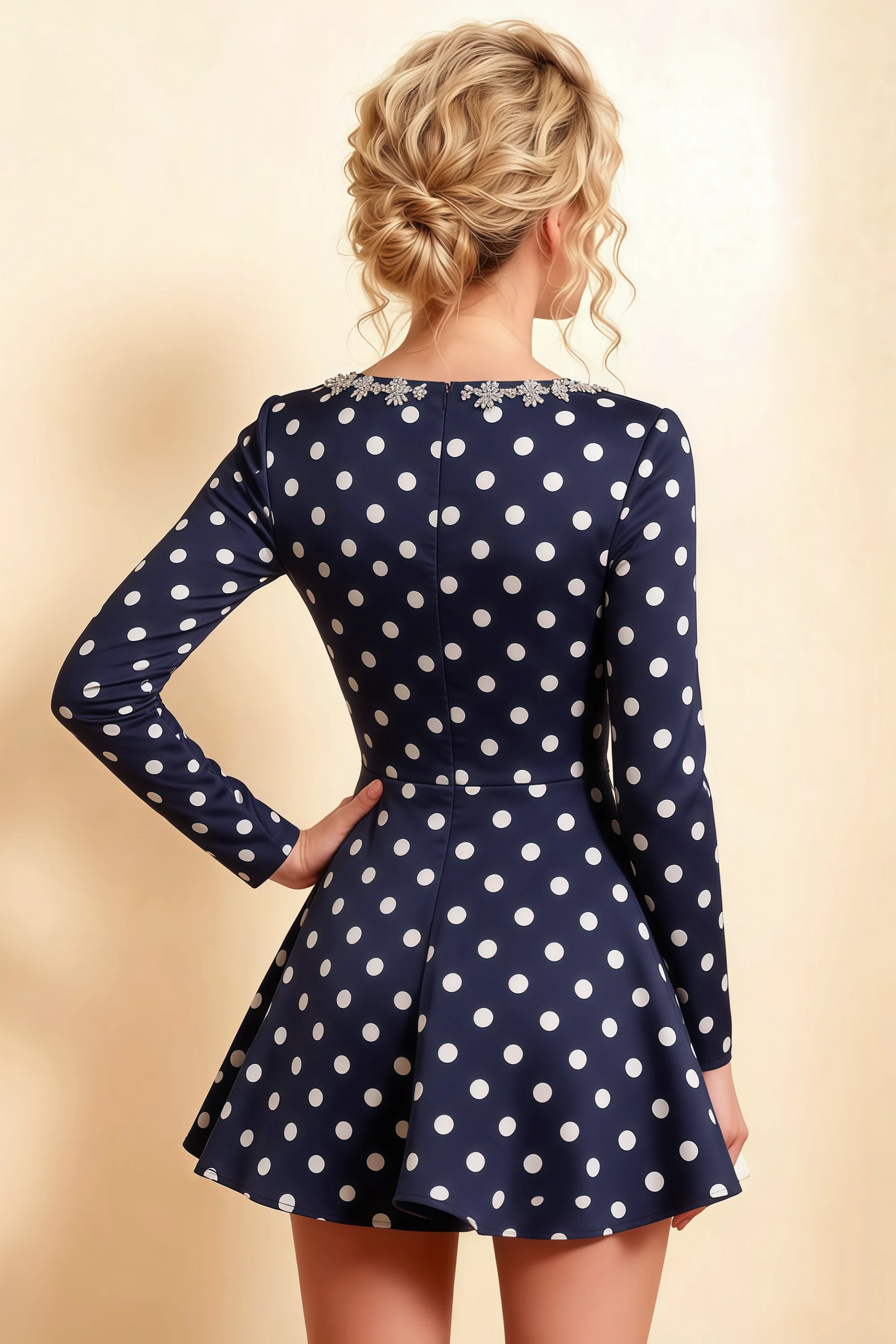 Aurora Navy Polka Dot Long Sleeve Square Neck Mini Dress with Rhinestones