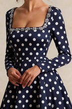 Aurora Navy Polka Dot Long Sleeve Square Neck Mini Dress with Rhinestones