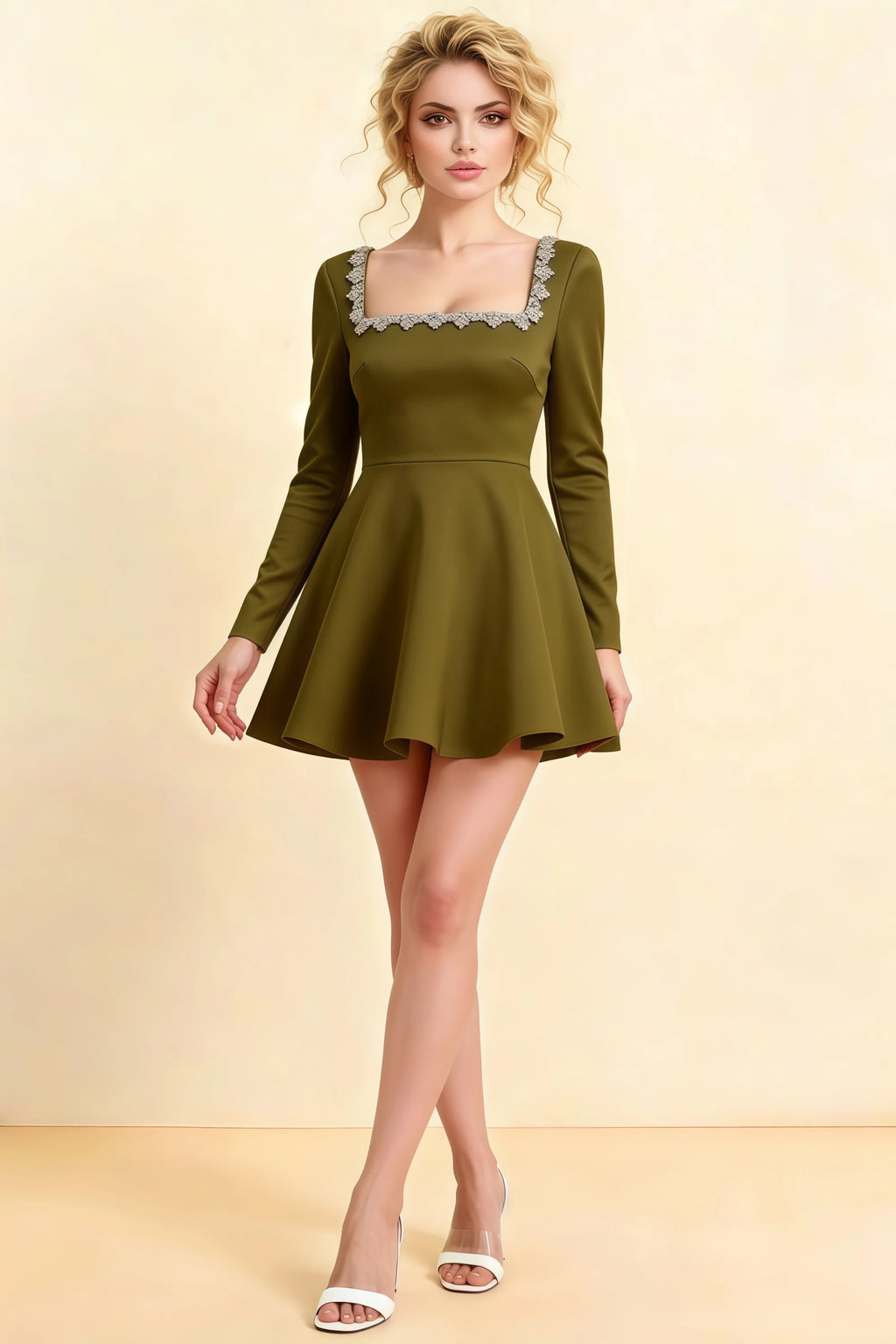 Aurora Olive Long Sleeve Square Neck Mini Dress with Rhinestones