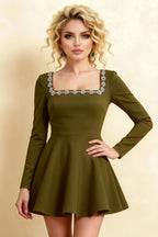 Aurora Olive Long Sleeve Square Neck Mini Dress with Rhinestones