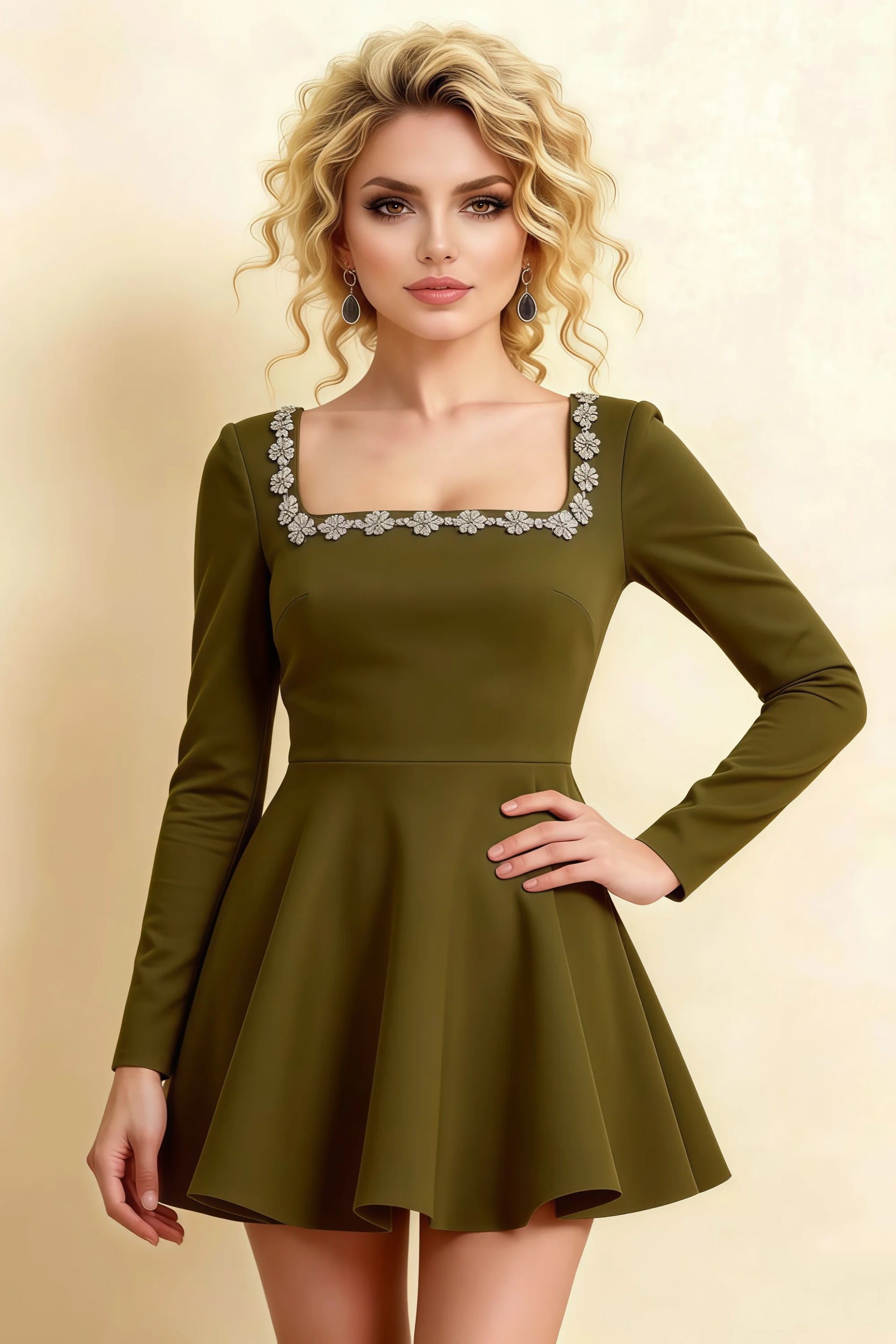 Aurora Olive Long Sleeve Square Neck Mini Dress with Rhinestones