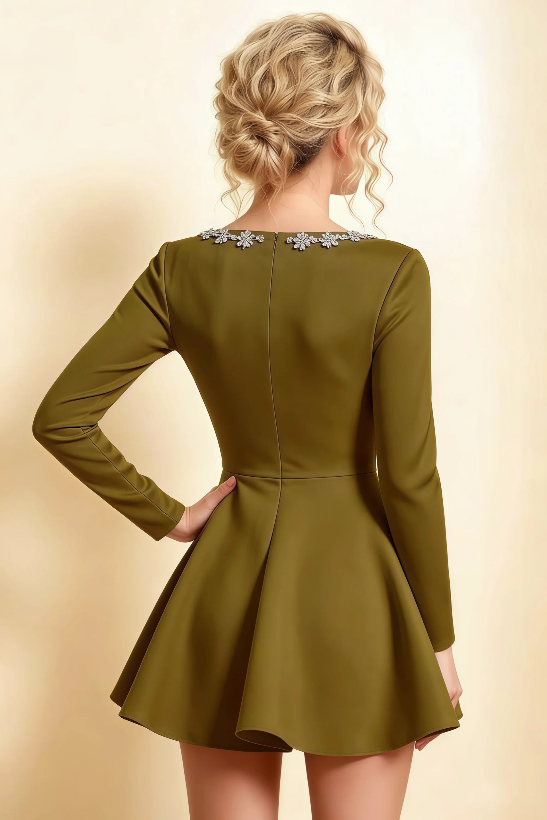 Aurora Olive Long Sleeve Square Neck Mini Dress with Rhinestones