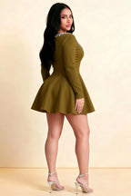 Aurora Olive Long Sleeve Square Neck Mini Dress with Rhinestones