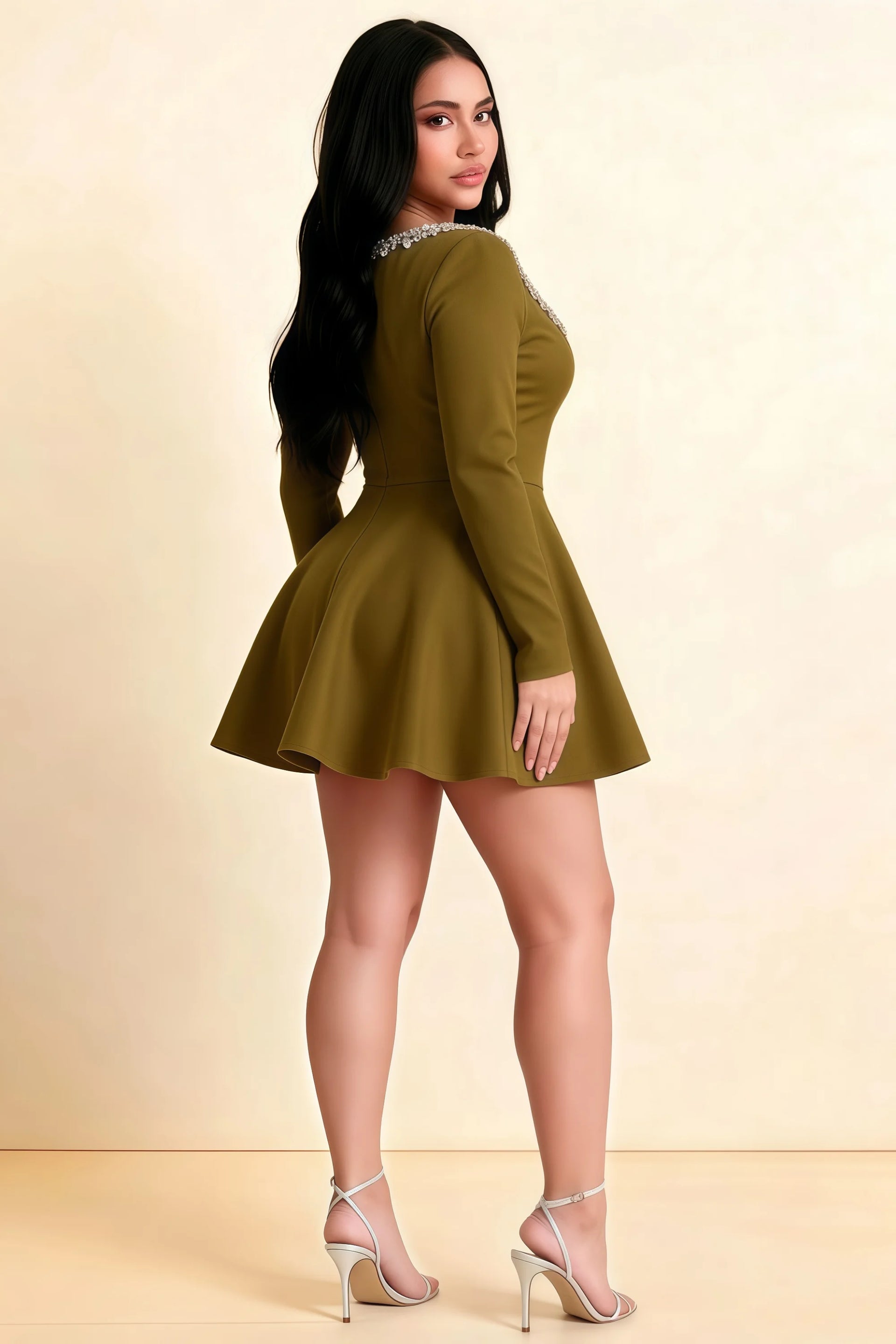 Aurora Olive Long Sleeve Square Neck Mini Dress with Rhinestones