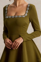 Aurora Olive Long Sleeve Square Neck Mini Dress with Rhinestones