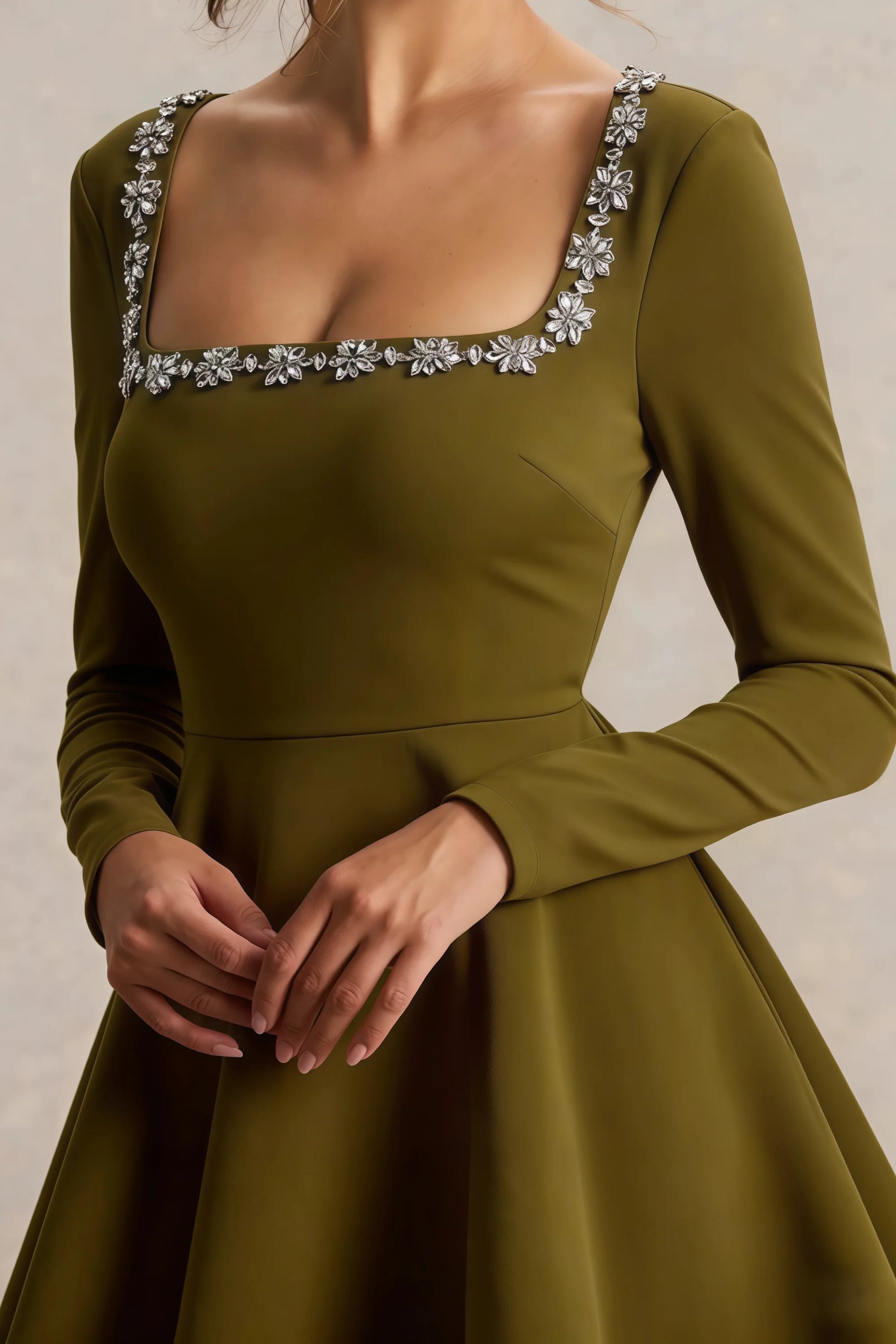 Aurora Olive Long Sleeve Square Neck Mini Dress with Rhinestones