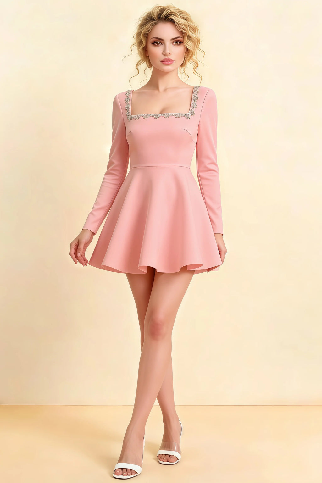 Aurora Pink Long Sleeve Square Neck Mini Dress with Rhinestones