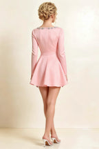 Aurora Pink Long Sleeve Square Neck Mini Dress with Rhinestones