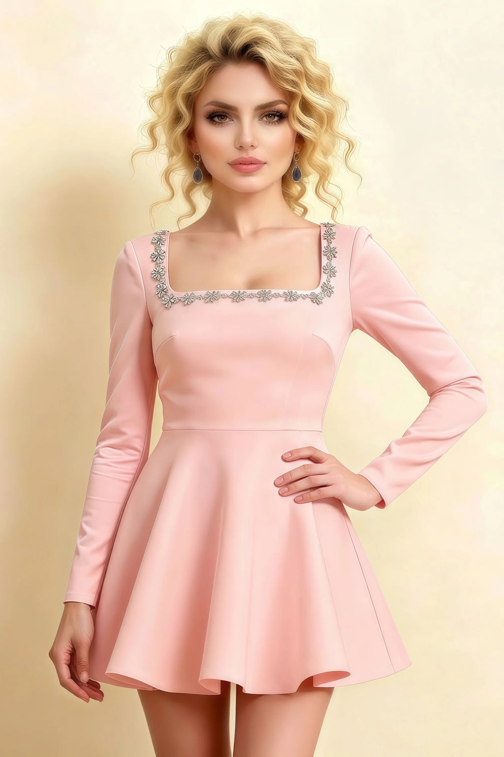 Aurora Pink Long Sleeve Square Neck Mini Dress with Rhinestones