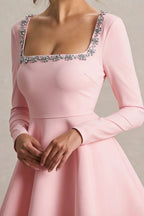 Aurora Pink Long Sleeve Square Neck Mini Dress with Rhinestones