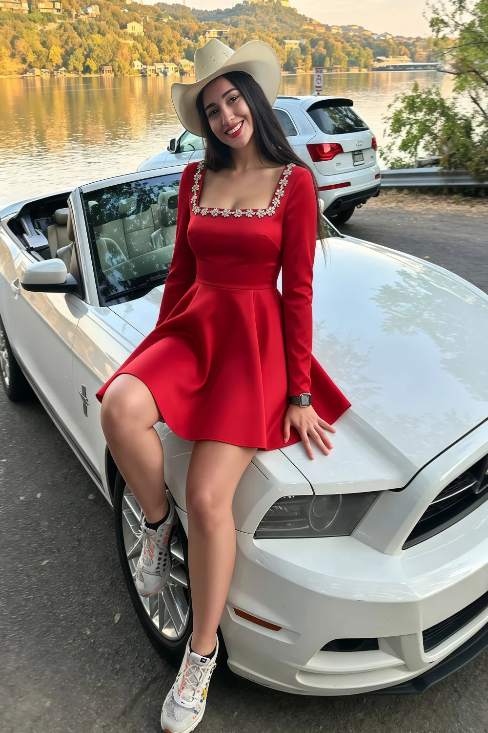Aurora Red Long Sleeve Square Neck Mini Dress with Rhinestones