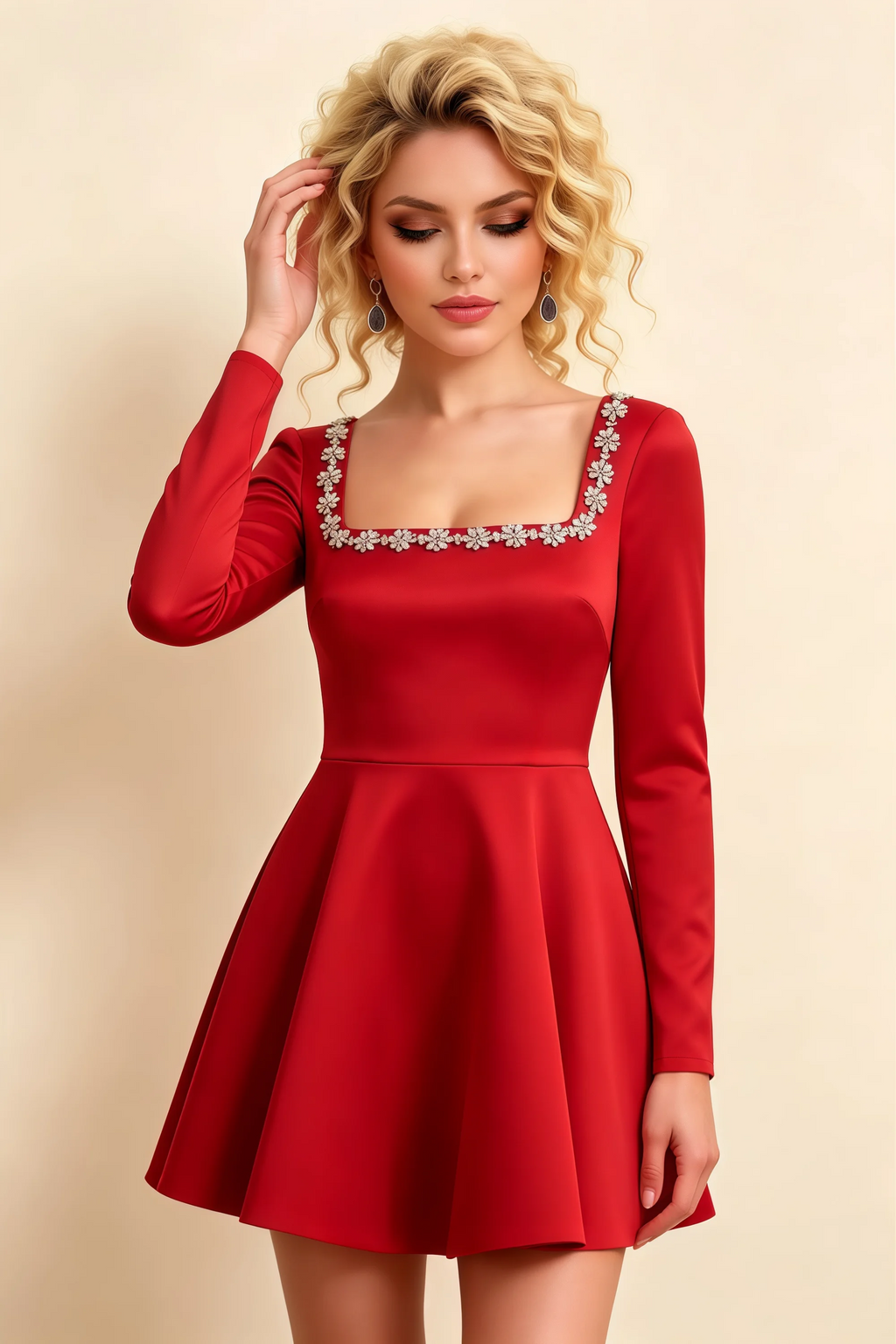 Aurora Red Long Sleeve Square Neck Mini Dress with Rhinestones