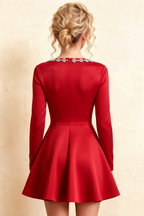 Aurora Red Long Sleeve Square Neck Mini Dress with Rhinestones